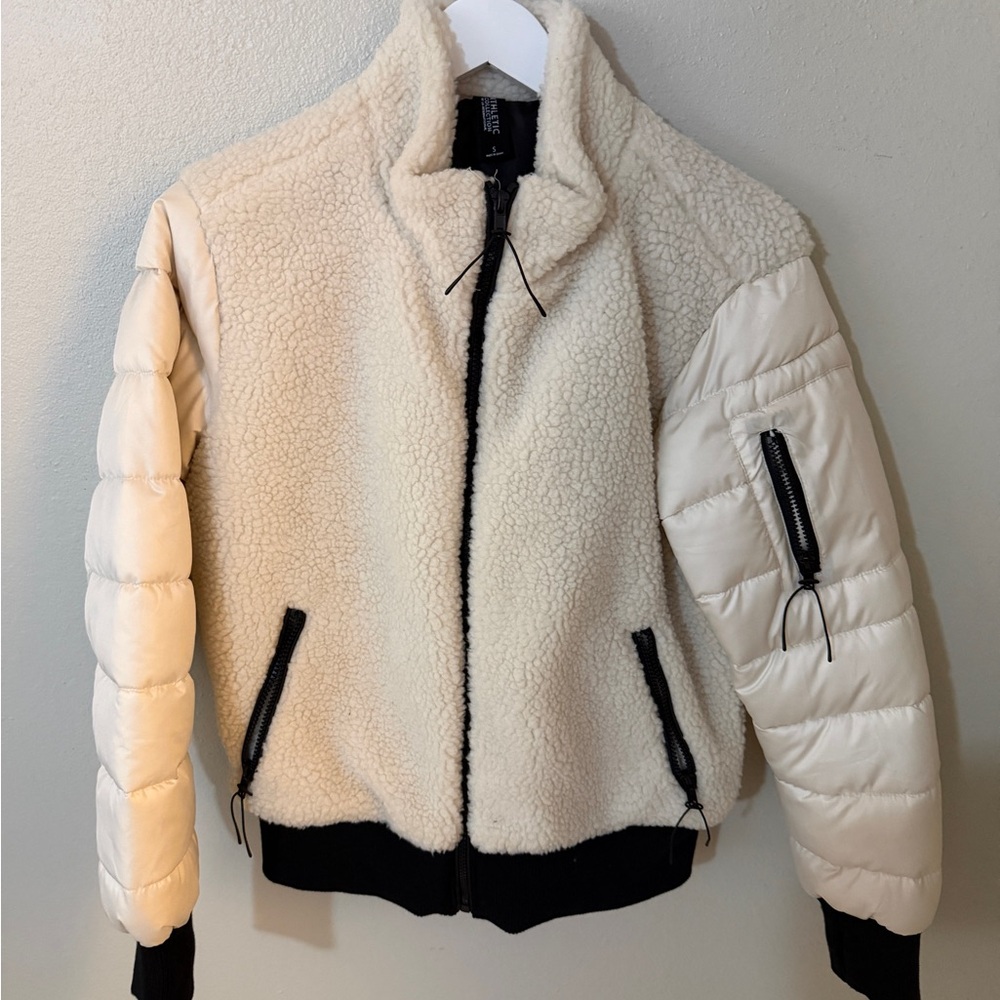Off-white sherpa fleece and puffer mixed bomber jacket
